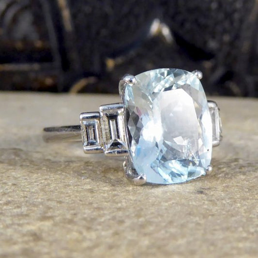 Aquamarine 4.60ct and Baguette Cut Diamond Ring
