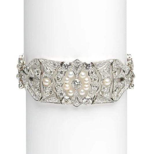 Art Deco 8.90ct Diamond and Natural Pearl Bracelet in Platinum