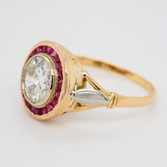 Art Deco Antique 1.55ct Diamond and Ruby Target Ring