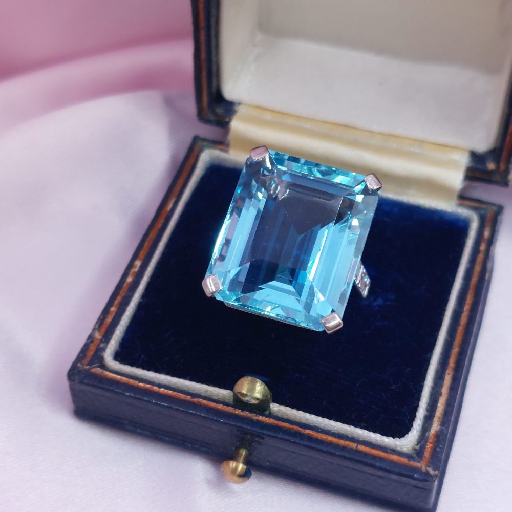 Art Deco Antique 30ct Aquamarine and Diamond Dress Ring