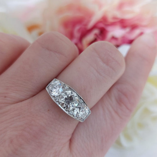Art Deco Antique 4ct Old Mine Cut Diamond Three Stone Ring