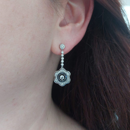 Art Deco Antique Diamond and Calibre Cut Sapphire Earrings