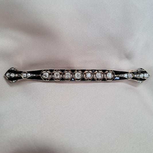 Art Deco Antique Old Mine Cut Diamond & Onyx Bar Brooch