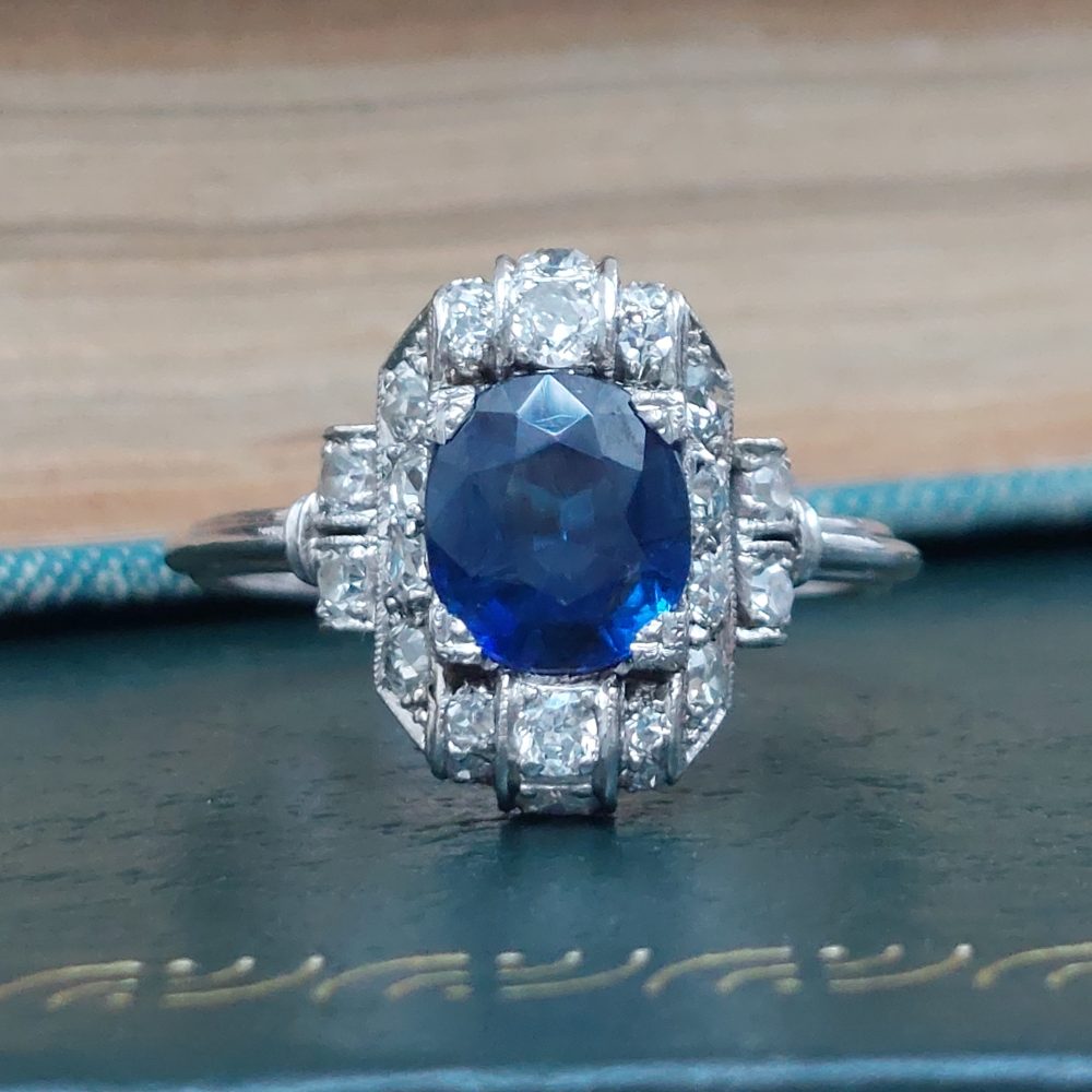 Art Deco Antique Sapphire and Diamond Cluster Ring, 1.29ct