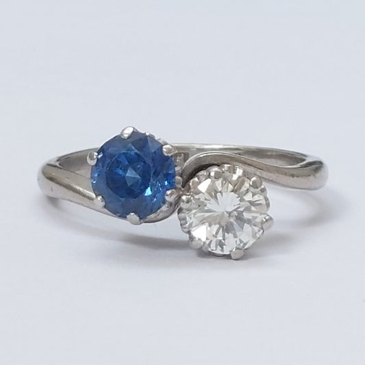 Art Deco Antique Sapphire and Diamond Crossover Ring