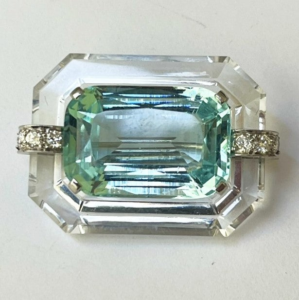Art Deco Aquamarine and Rock Crystal Brooch with Diamonds