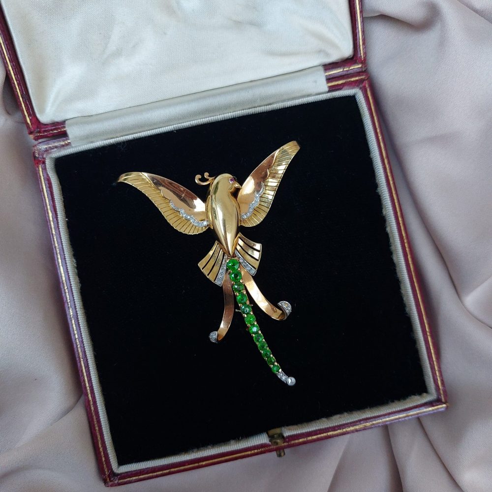 Art Deco Demantoid Garnet and Diamond Bird of Paradise Brooch