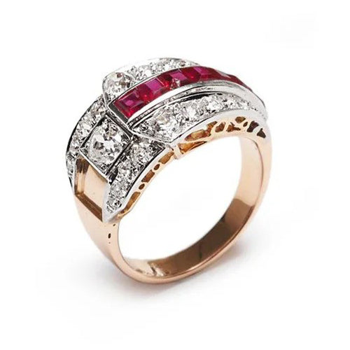 Art Deco French Ruby and Old Cut Diamond Buckle Ring by A.F. Souteyrand
