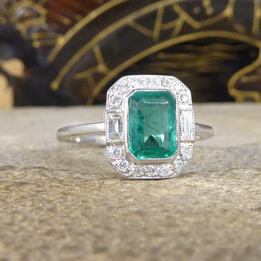 Art Deco Inspired 0.90ct Emerald and Diamond Cluster Ring