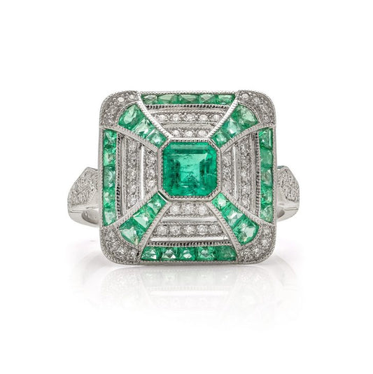 Art Deco Inspired Emerald and Diamond Cluster Ring