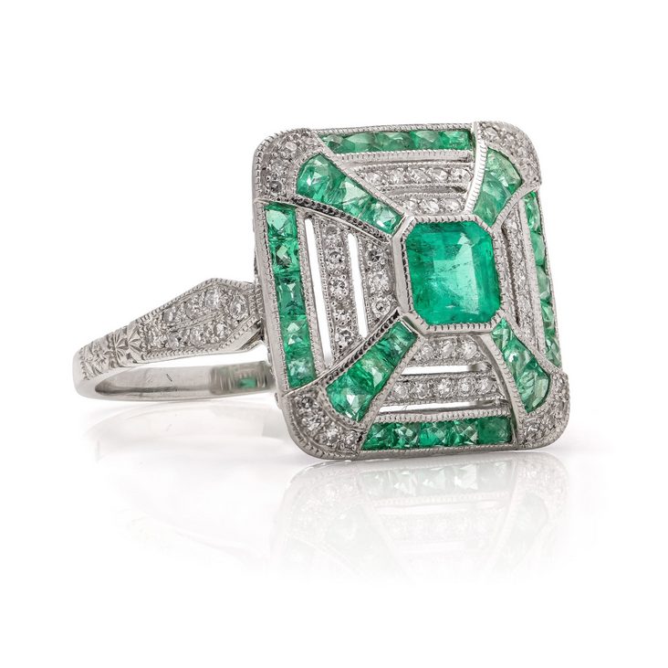 Art Deco Inspired Emerald and Diamond Cluster Ring