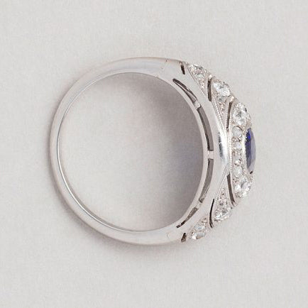 Art Deco Natural No Heat 1.01ct Cushion Cut Sapphire and Diamond Cluster Ring in Platinum