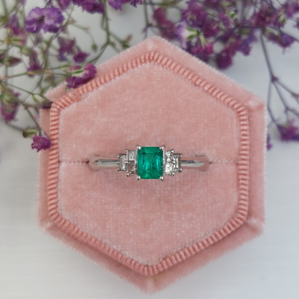 Art Deco Style 0.43ct Emerald and Diamond Platinum Ring
