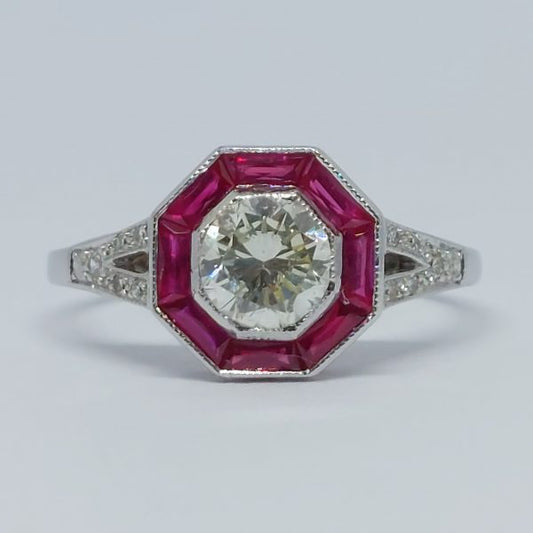 Art Deco Style 0.60ct Diamond and Ruby Target Cluster Ring