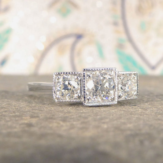 Art Deco Style 0.70ct Old Cut Diamond Three Stone Geometric Ring