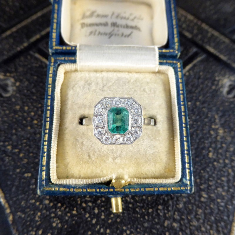 Art Deco Style 0.75ct Emerald and Diamond Cluster Ring