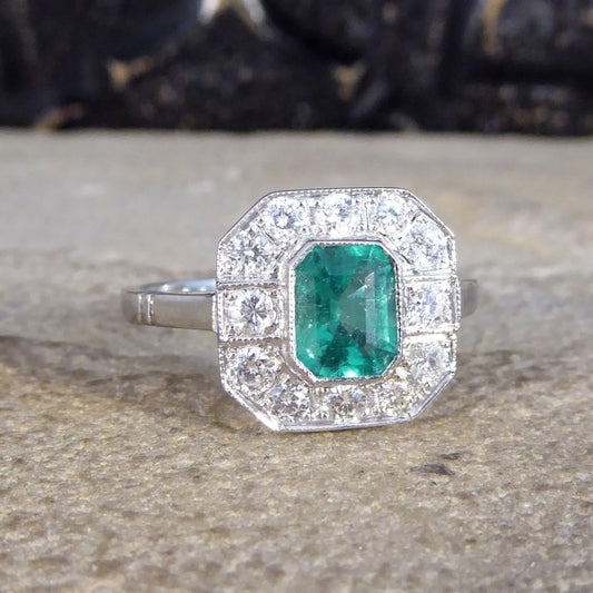 Art Deco Style 0.75ct Emerald and Diamond Cluster Ring