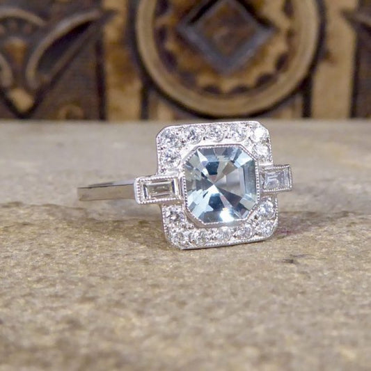 Art Deco Style 0.80ct Aquamarine and Diamond Cluster Ring