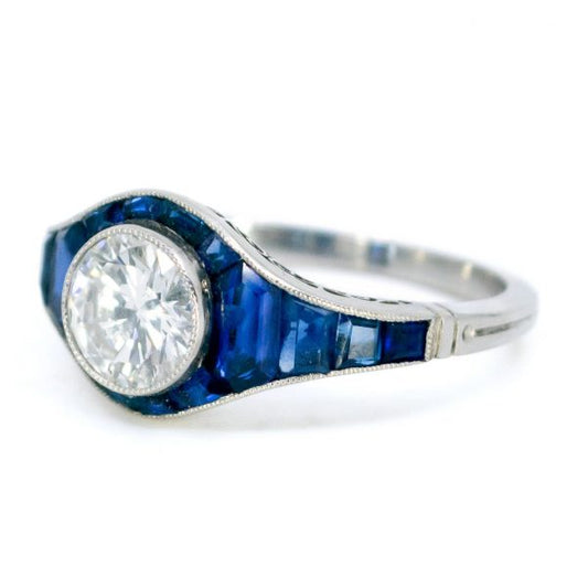Art Deco Style 0.92ct Diamond and Sapphire Platinum Ring
