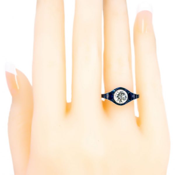 Art Deco Style 0.92ct Diamond and Sapphire Platinum Ring