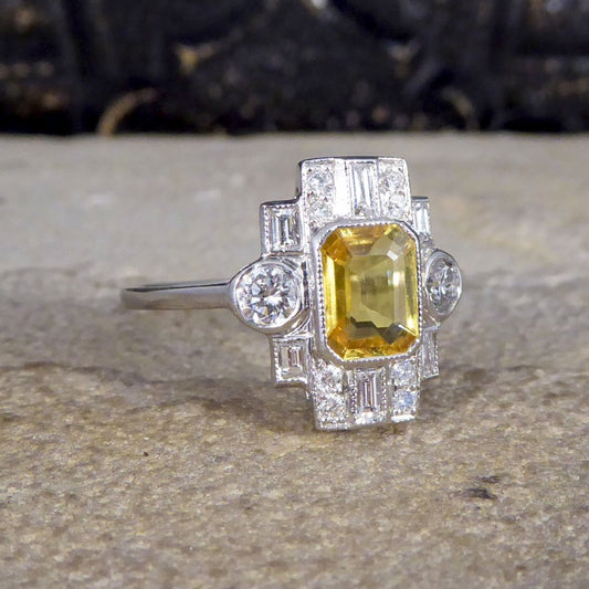 Art Deco Style 1.10ct Yellow Sapphire and Diamond Cluster Ring