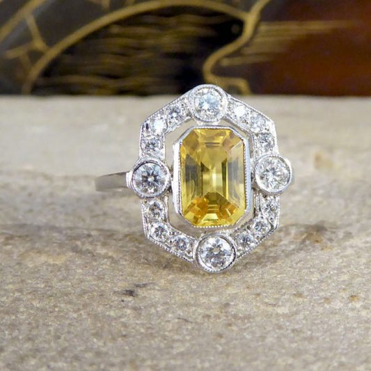 Art Deco Style 1.25ct Yellow Sapphire and Diamond Geometric Halo Ring
