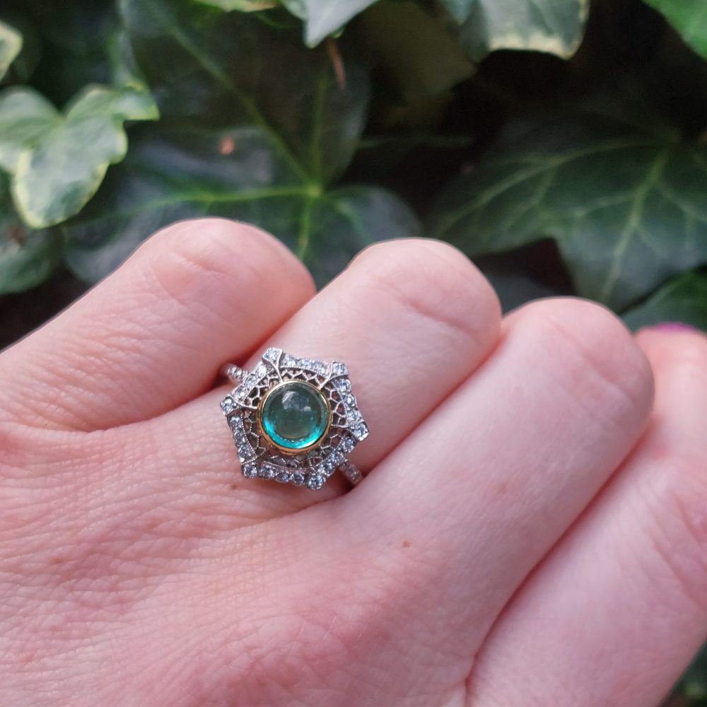 Art Deco Style 1.40ct Cabochon Emerald and Diamond Cluster Ring