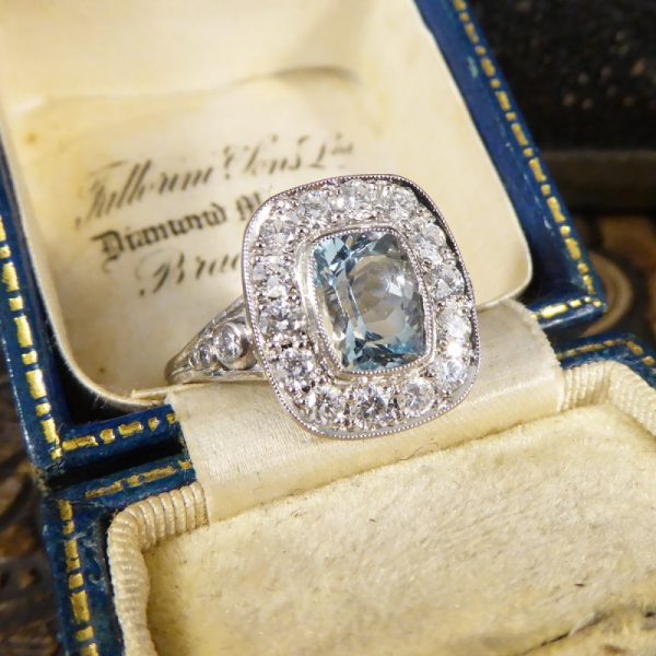 Art Deco Style 1.50ct Aquamarine and Diamond Cluster Ring