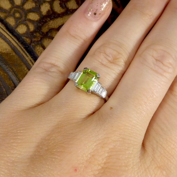 Art Deco Style 1.60ct Peridot Ring with Baguette Diamond Shoulders