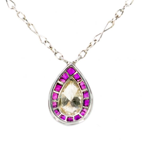 Art Deco Style 1ct Pear Shape Diamond and Ruby Pendant Necklace