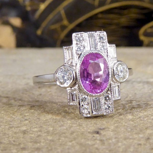 Art Deco Style 1ct Pink Sapphire and Diamond Geometric Cluster Ring