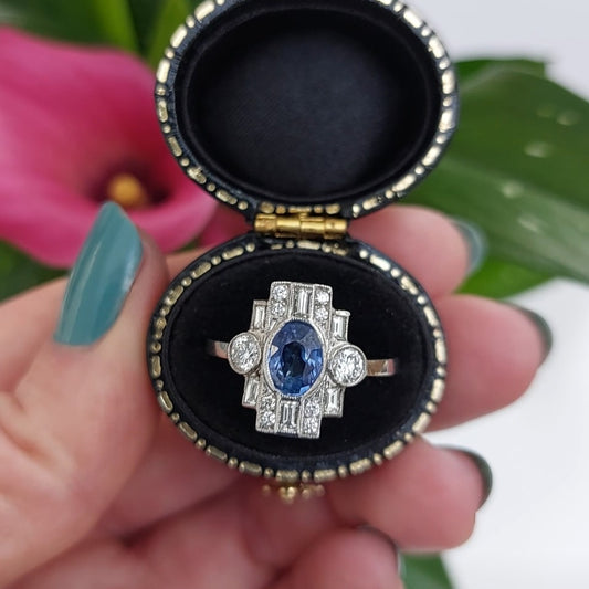 Art Deco Style 1ct Sapphire and Diamond Cluster Ring