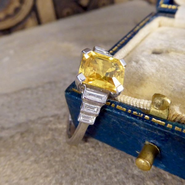 Art Deco Style 2ct Yellow Sapphire and Baguette Cut Diamond Ring