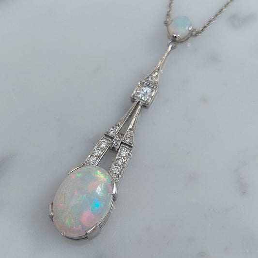 Art Deco Style 4cts Opal and Diamond Pendant Necklace
