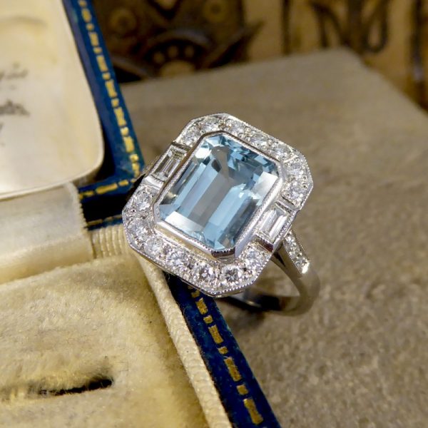 Art Deco Style Aquamarine Diamond Cluster Ring