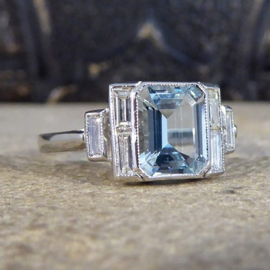 Art Deco Style Aquamarine and Diamond Platinum Ring