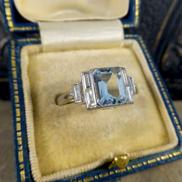 Art Deco Style Aquamarine and Diamond Platinum Ring
