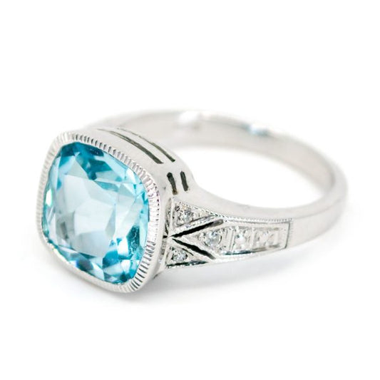 Art Deco Style 14 Carat White Gold Blue Topaz and Diamond Ring, 7.00 Carats