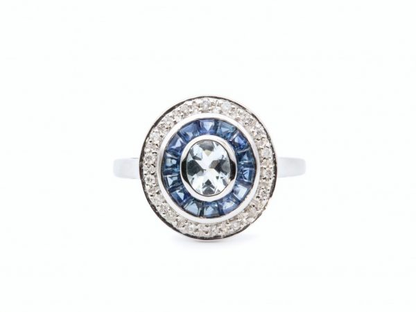 Art Deco Style Blue Topaz Sapphire Diamond Target Ring