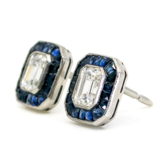 Art Deco Style Diamond Sapphire Cluster Platinum Earrings