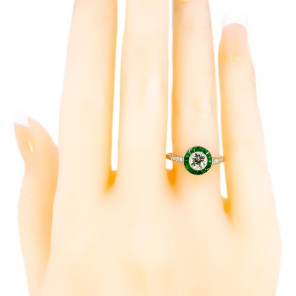 Art Deco Style Diamond and Emerald Target Cluster Platinum Ring