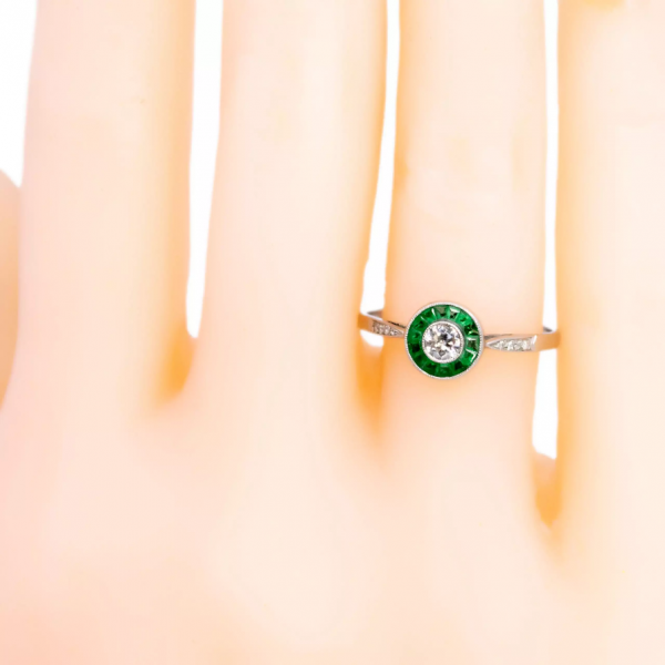 Art Deco Style Diamond and Emerald Target Cluster Ring