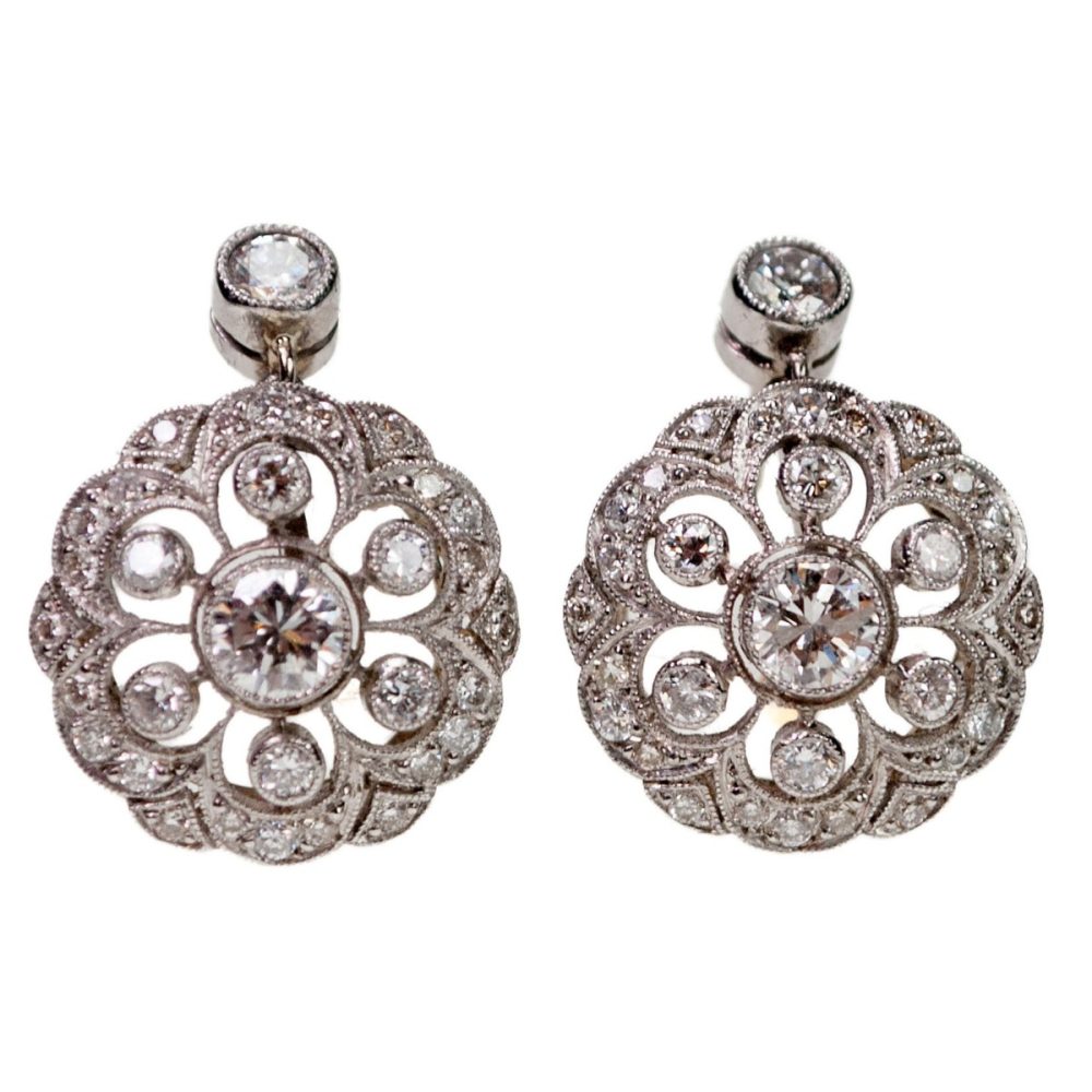 Art Deco Style Diamond and Platinum Cluster Drop Earrings, 1.50 Carats
