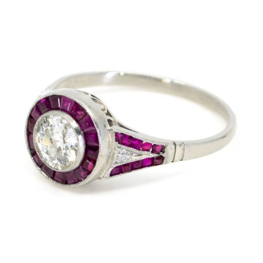 Art Deco Style Diamond and Ruby Target Cluster Platinum Ring
