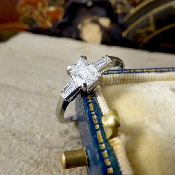 Art Deco Style Emerald Cut Diamond Ring with Baguette Cut Shoulders