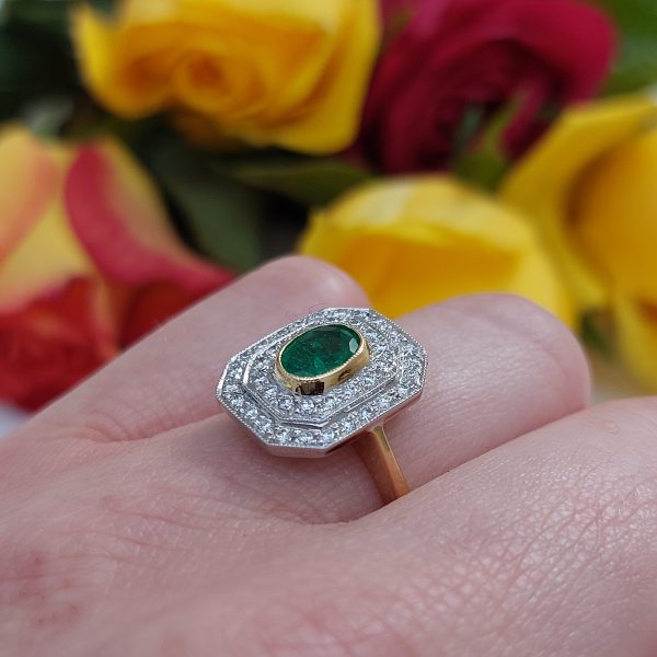 Art Deco Style Emerald and Diamond Cluster Ring