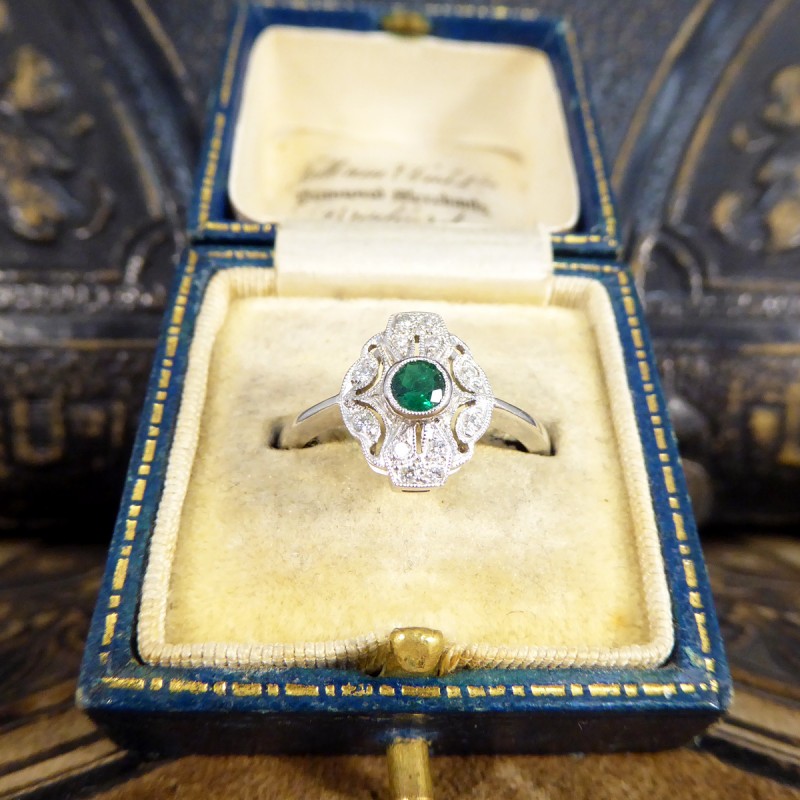 Art Deco Style Emerald and Diamond Plaque Ring