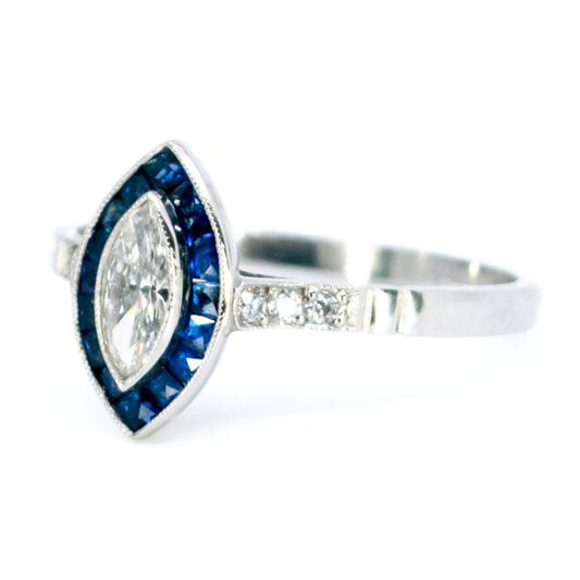 Art Deco Style Marquise Cut Diamond and Sapphire Target Ring