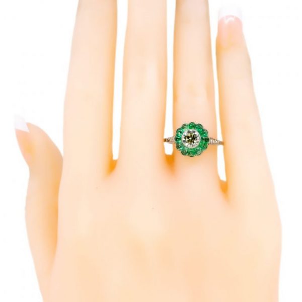 Art Deco Style Old European Cut Diamond and Emerald Platinum Ring