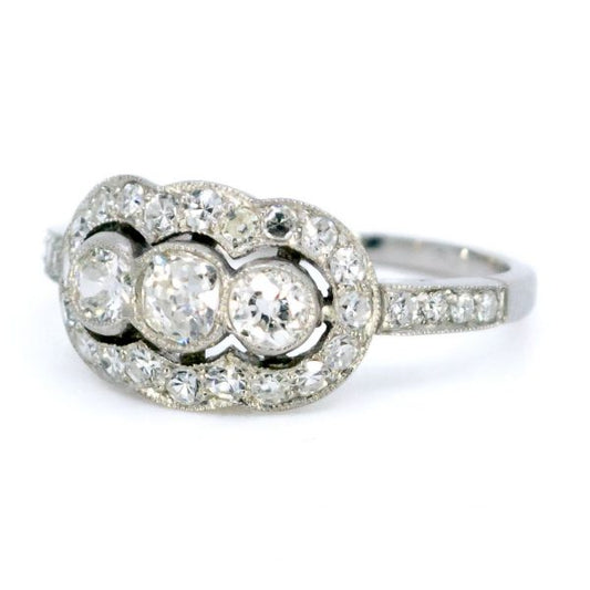 Art Deco Style Old Mine Cut Diamond Triple Cluster Ring
